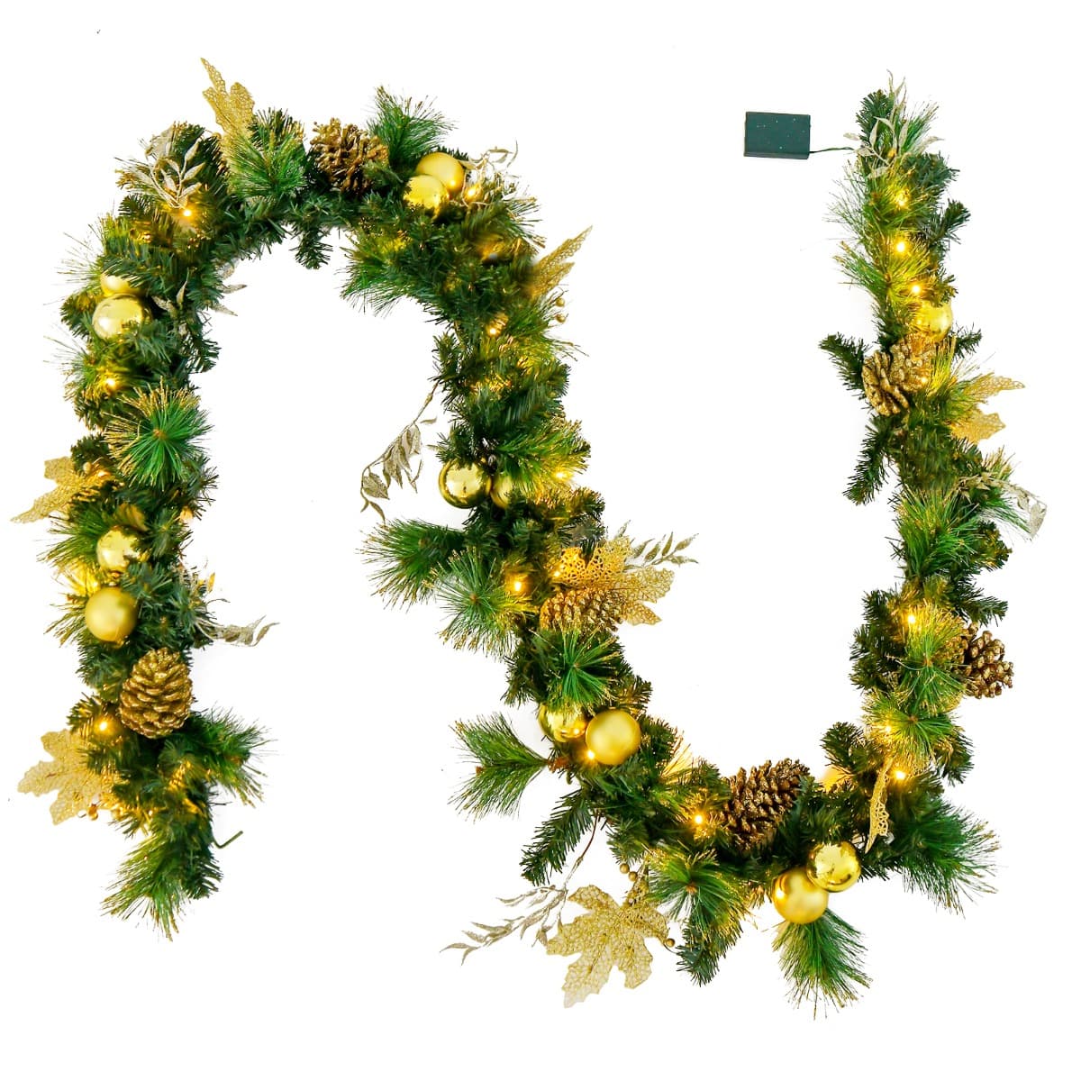 CostwayGuirlande de Noël Artificielle Pré-illuminée de 270 cm avec 50 Lumières LED Blanc Chaud Décoration de Noël à Piles avec Pommes de Pin Baies